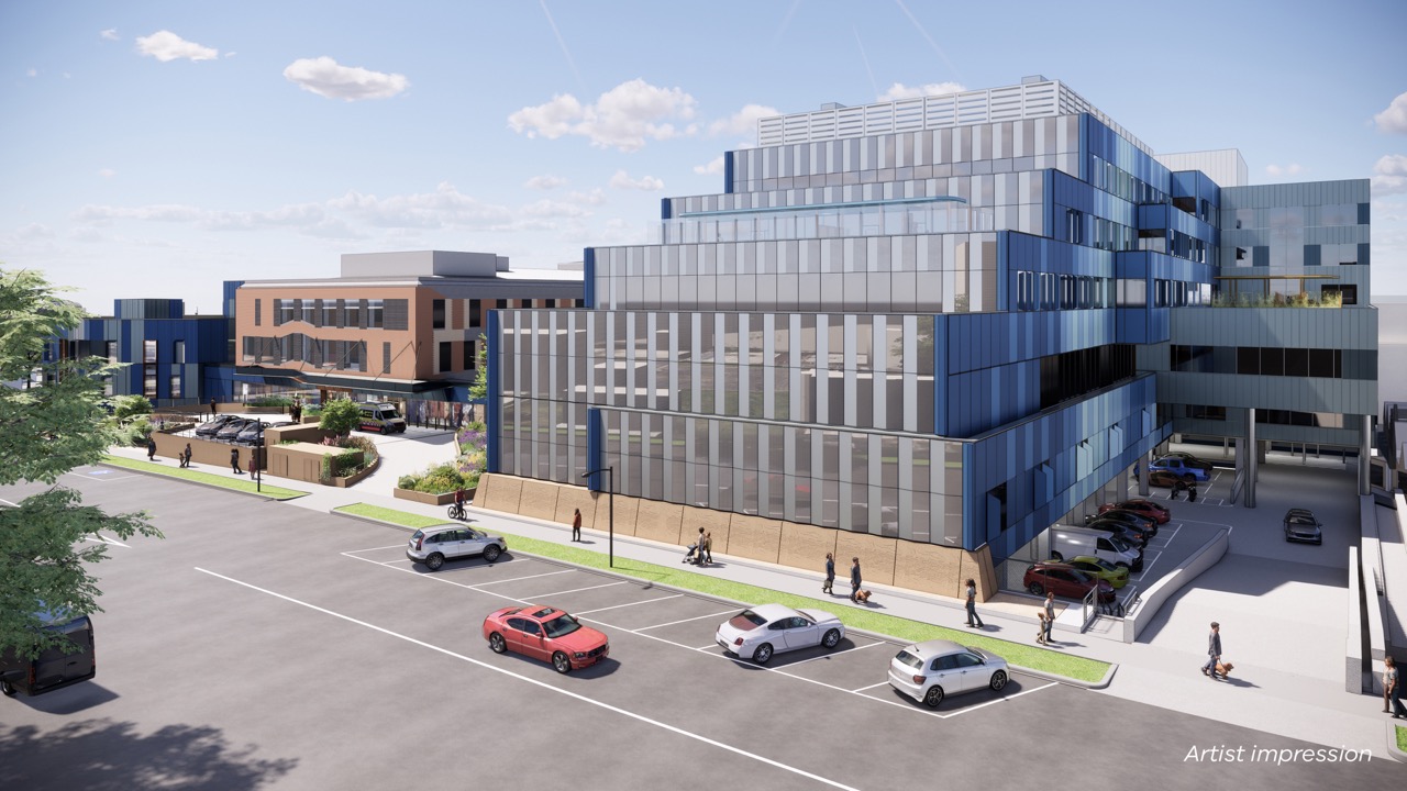 Architectural render of the new Barwon Women's and Children's, view from Myers St