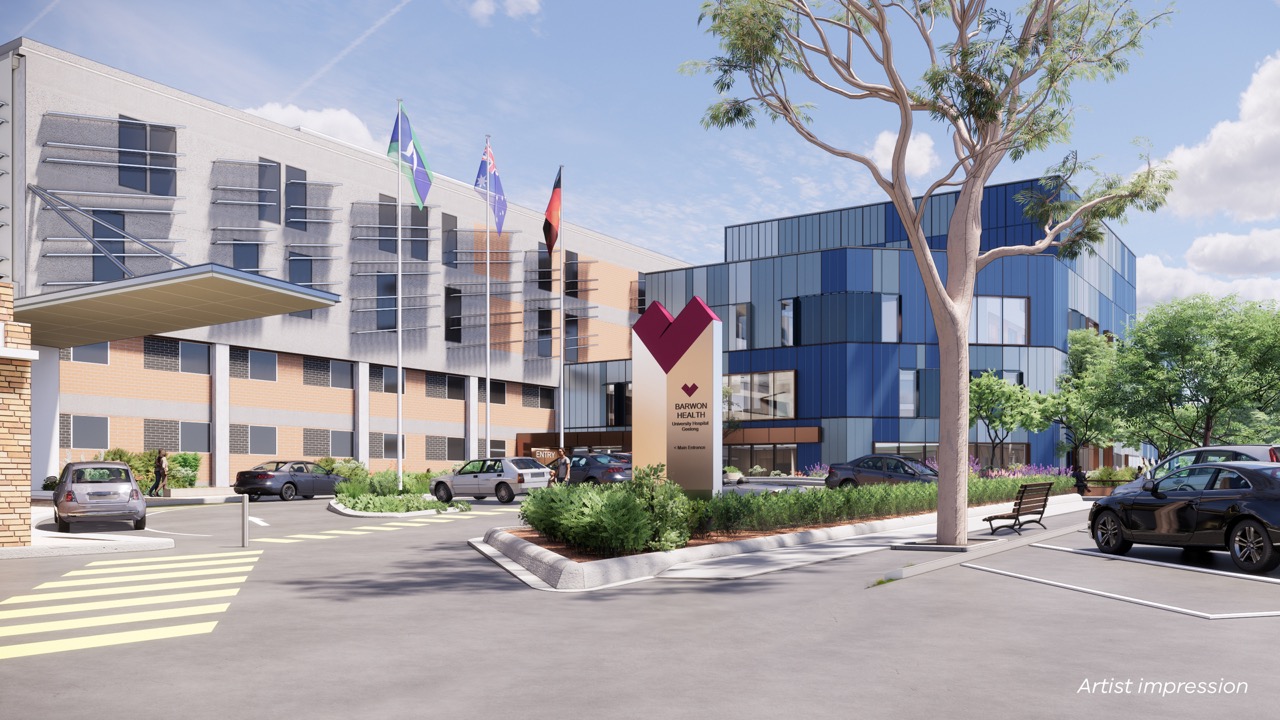 Architectural render of the new Barwon Women's and Children's, view from Bellerine St